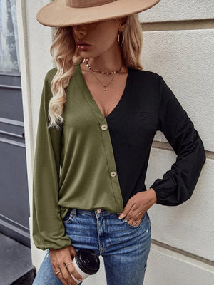 Loose Pocket Stitching Contrast Long Sleeve T-shirt