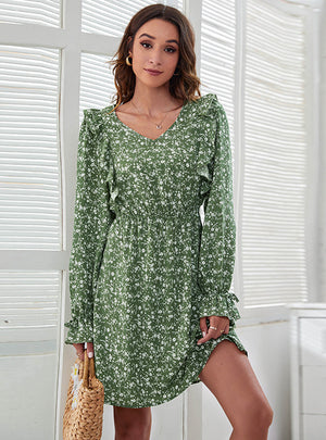 V-neck High Waist Floral Stitching Print Dress