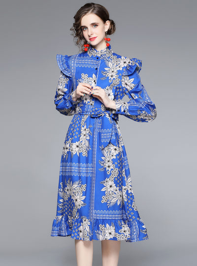Collar Waist Print Ruffled Dress