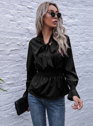 Bow Collar Vintage Elastic Waist Flared Sleeve Shirt
