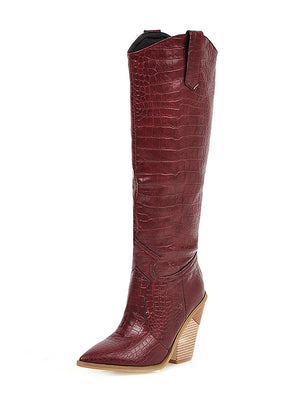 Embossed Wood Grain Fish Scale Pointed High Boots