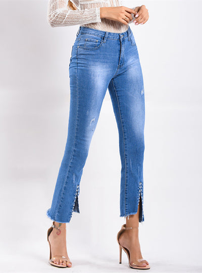 Torn Rivet Burr Split Micro-horn Jeans