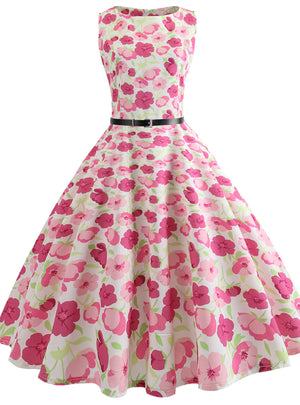 Pink Flower Print Scoop Neck Dress