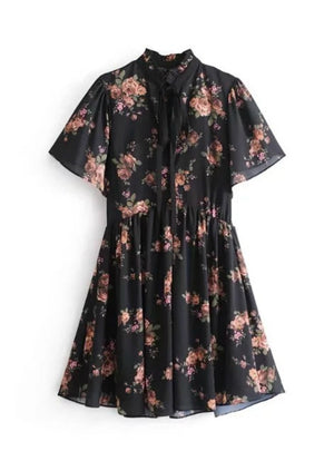 Women Floral Printed Chiffon Dress Lady Bow Tie