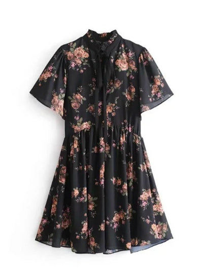 Women Floral Printed Chiffon Dress Lady Bow Tie