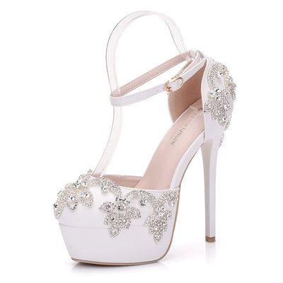 White Rhinestone Waterproof Platform Wedding Shoes
