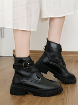 Women Comfort Boots Pu Leather Chunky Heels Shoes