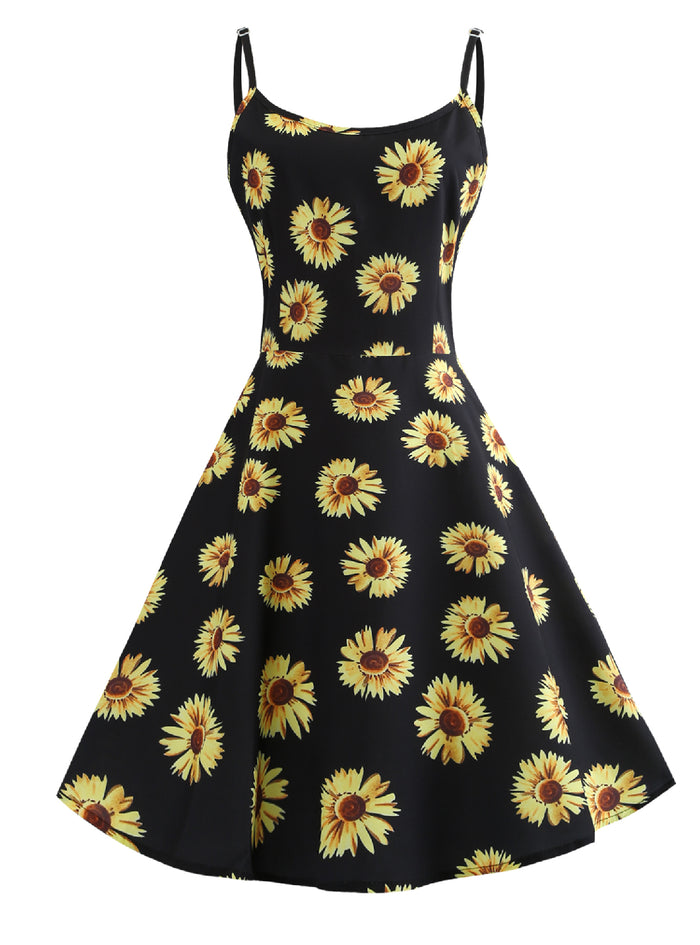Sunflower Print Adjustable Sling Dress