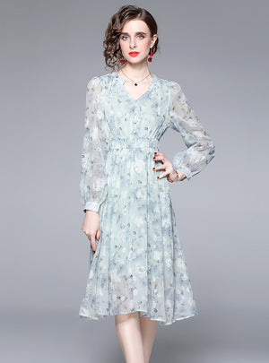 Blue Fairy Floral Chiffon Long Sleeve Dress
