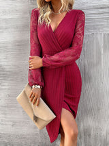 V-neck Split Lace Long Sleeve Dress