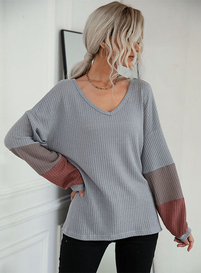 Loose Waffle V-neck Contrast Top