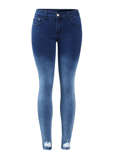 Dark Blue Mid Low Waist Stretchy Ripped Pencil Denim