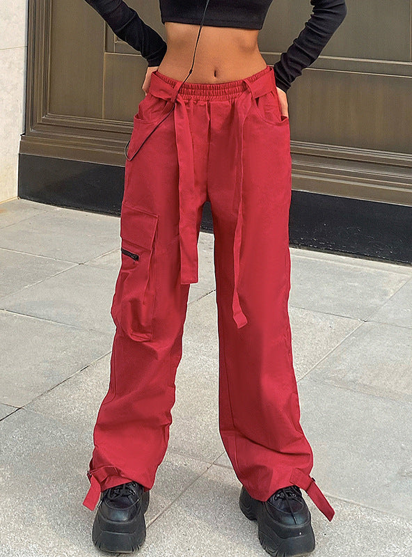 Red Overalls Casual Slim Straight Pants