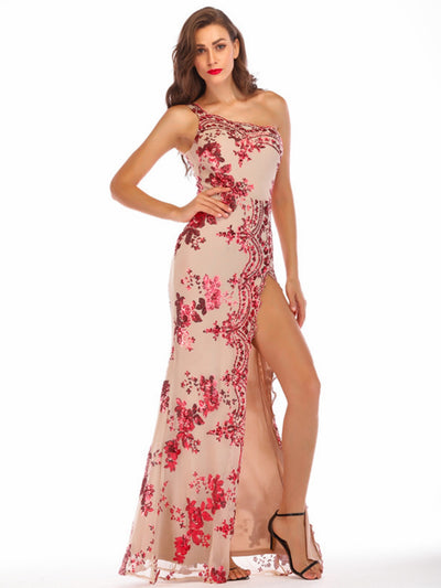 One-shoulder Backless Slit Sequined Dress