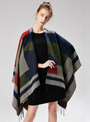 Jacquard Geometric Tassel Matching Contrast Split Cloak