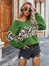 Women V-neck Leopard Sweater