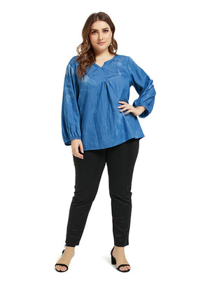 V-neck Puff Sleeve Denim Tie-dyed Thin Top