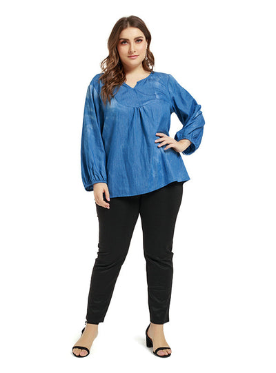 V-neck Puff Sleeve Denim Tie-dyed Thin Top