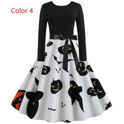 Printed Pumpkin Retro Long-sleeved Dress