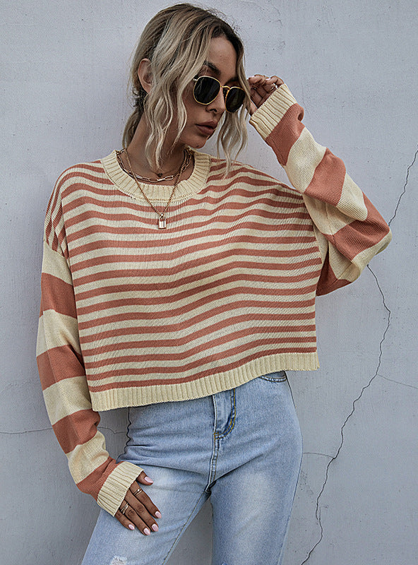 Turtleneck Knitted Contrast Striped Sweater