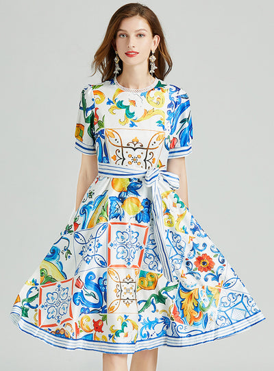 Porcelain Printed Stitching Round Neck Dress