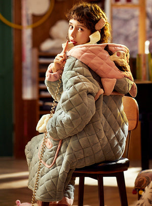 Light Blue Pajamas Triple-layer Padded Warm Coral Fleece Hooded