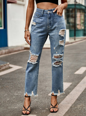 Slim-fit Holes Raw Edges Jeans Pant
