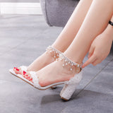 Women Beaded White Lace Sandals
