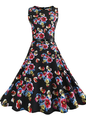 Black Print Vintage Sleeveless Dress