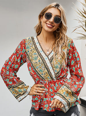 V-neck Vvintage Holiday Print Top