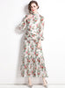Collar Lantern Long Sleeve Pleated Chiffon Print Dress