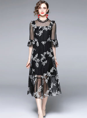 Perspective Embroidery Flare Sleeve Mesh Dress