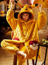 Thick Warm Coral Fleece Two-piece Suit Yellow Pikachu
