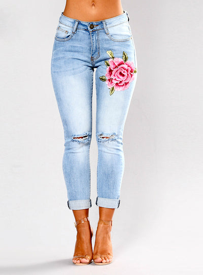 Ripped Embroidery Jeans Woman Stretch Skinny 