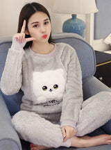 White Cat Warm Flannel Pyjamas Sets Thick Coral Velvet
