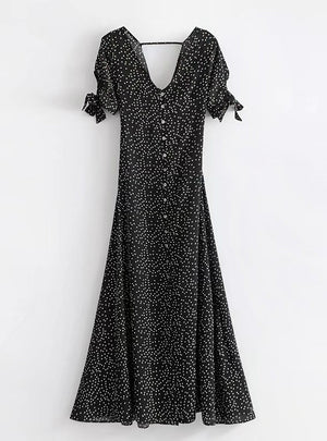 Polka Dot Dress Sexy Backless V Neck A-line Long Dress