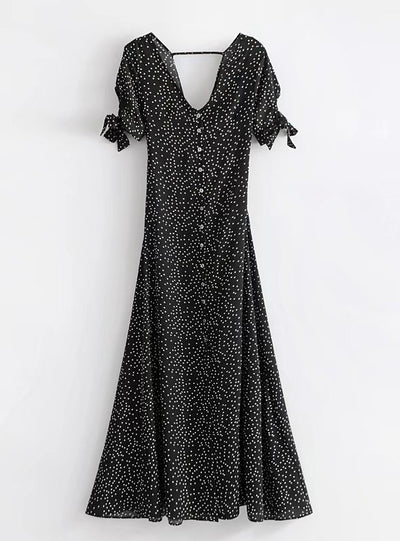 Polka Dot Dress Sexy Backless V Neck A-line Long Dress