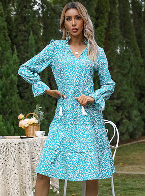 Retro Printed Tassel Long Sleeve Dress