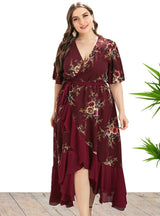 V-neck Ruffled Irregular Printed Dress