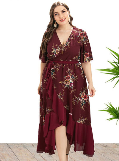 V-neck Ruffled Irregular Printed Dress