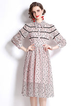 Retro Long Sleeve Pleated Lace Dress