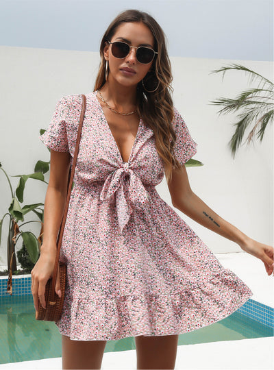Floral Flounces Deep V-neck Short Sleeves Chiffon