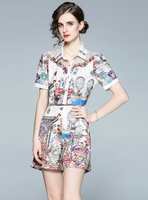 Short Sleeve Printed Top Shorts Two-piece Suit