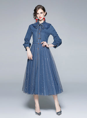 Retro Long Sleeve Mesh Sequined Denim Blue Dress