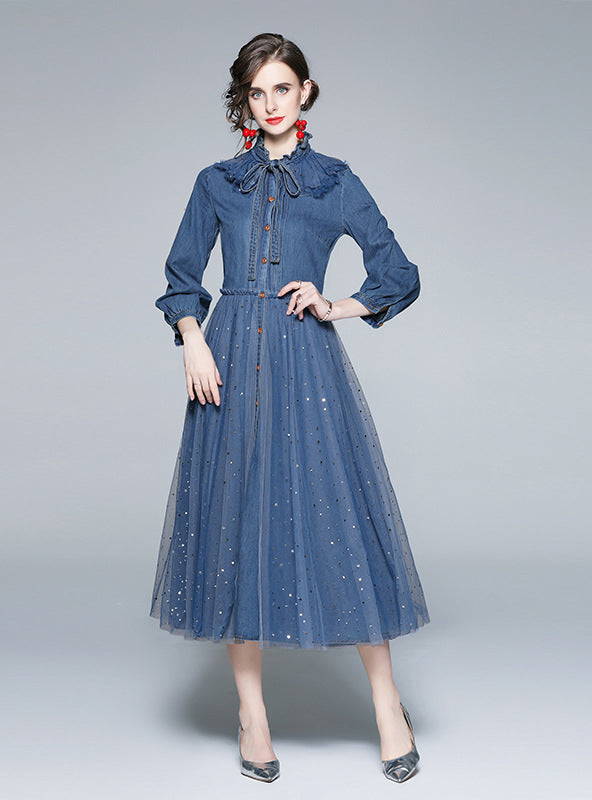 Retro Long Sleeve Mesh Sequined Denim Blue Dress