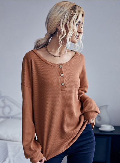 Solid Color Button Round Neck Sweater