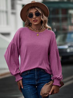 Round Neck Pleated Lantern Sleeve T-shirt
