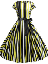 Striped Waist Big Swing Print Dress