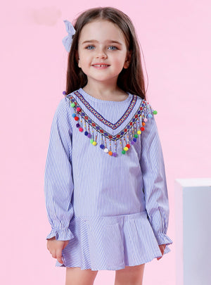 Spring Tassel Dress Striped Ruffles Full Petal Dress