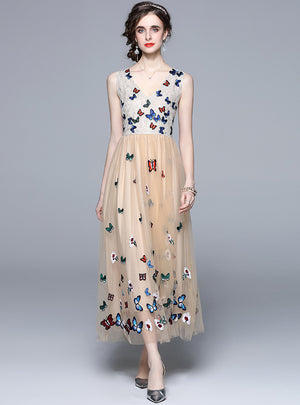 V-neck Sleeveless Lace Embroidered Gauze Dress